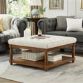 Ottoman Coffee Table, Upholstered Square Coffee Table with Storage Solid Wood Shelf, Linen Large Footrest Ottoman Pouf for Living Room, Ivory