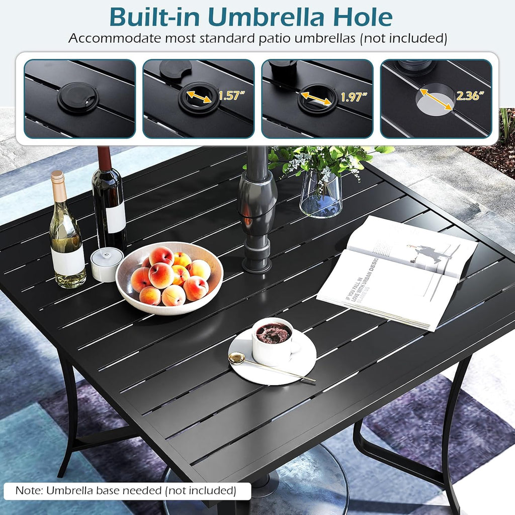 Tangkula 37' Metal Patio Dining Table for 4, Square Heavy Duty Outdoor Dining Table with Umbrella Hole, 4-Person Outside Dining Furniture for Porch, Garden, Balcony and Backyard