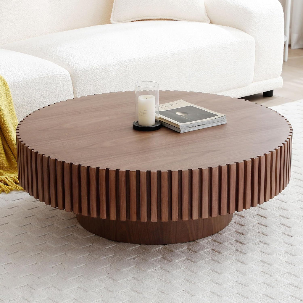 JUSTONE 39.4' Round Wood Coffee Table for Living Room - Modern Farmhouse Walnut Drum Center Table with Artisanal Carved Detailing, No Assembly Required (39.4' Diameter x 13.4' Height)