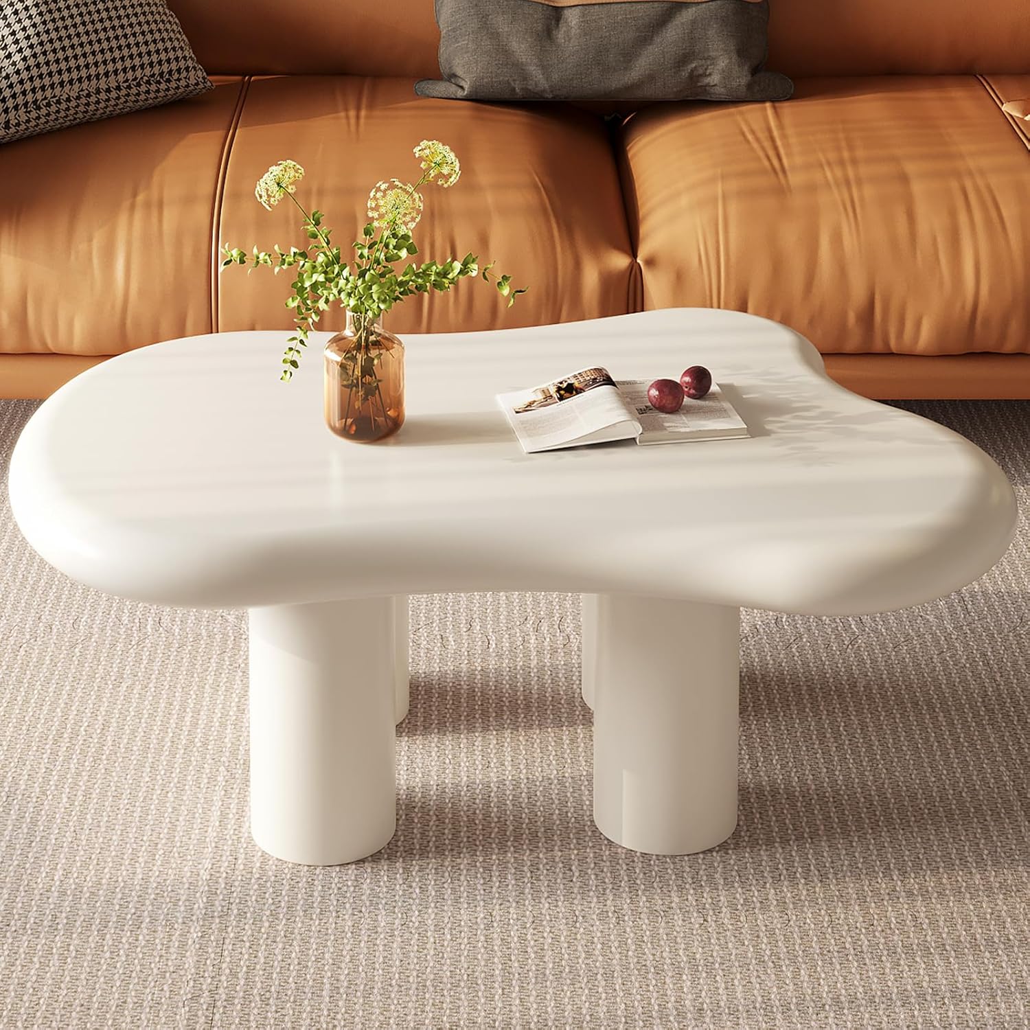 Guyii Cloud-Shaped Coffee Table, Modern Sofa Table with 4 Legs, Cream White Center Table, Small Irregular Tea Table for Living Room, Easy Assembly (White)