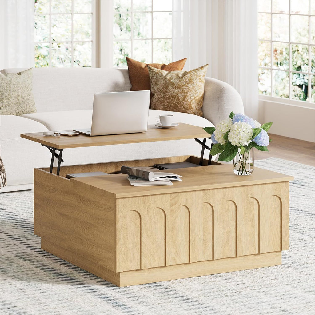 FORTUNETEC Lift Top Coffee Table with Storage, Modern Coffee Table with Arched Design, 31.5' Square Tea Table with Wood Grain, Boho Multifunctional Center Table for Living Room, Office, Oak
