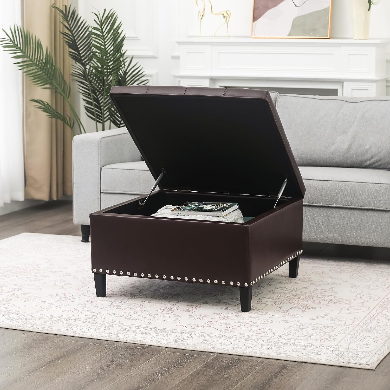 Homebeez Faux Leather Storage Ottoman Bench, Square Coffee Table Footstool Footrest with Wood Legs for Living Room (Brown)