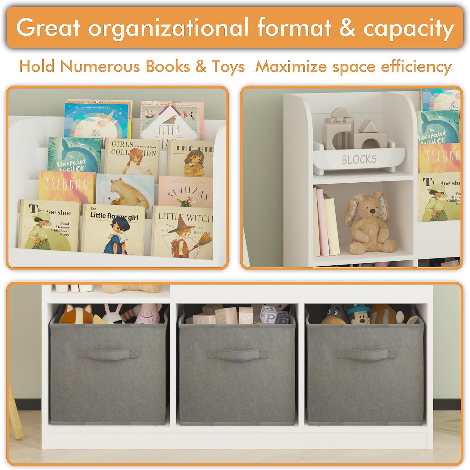 Bookcase and Storage Organizer with 3 Fabric Drawers – Wooden Bookshelf Display Rack for Toddlers and Children, Reading Corner Storage Shelf for Bedroom, Playroom, Nursery, Grey