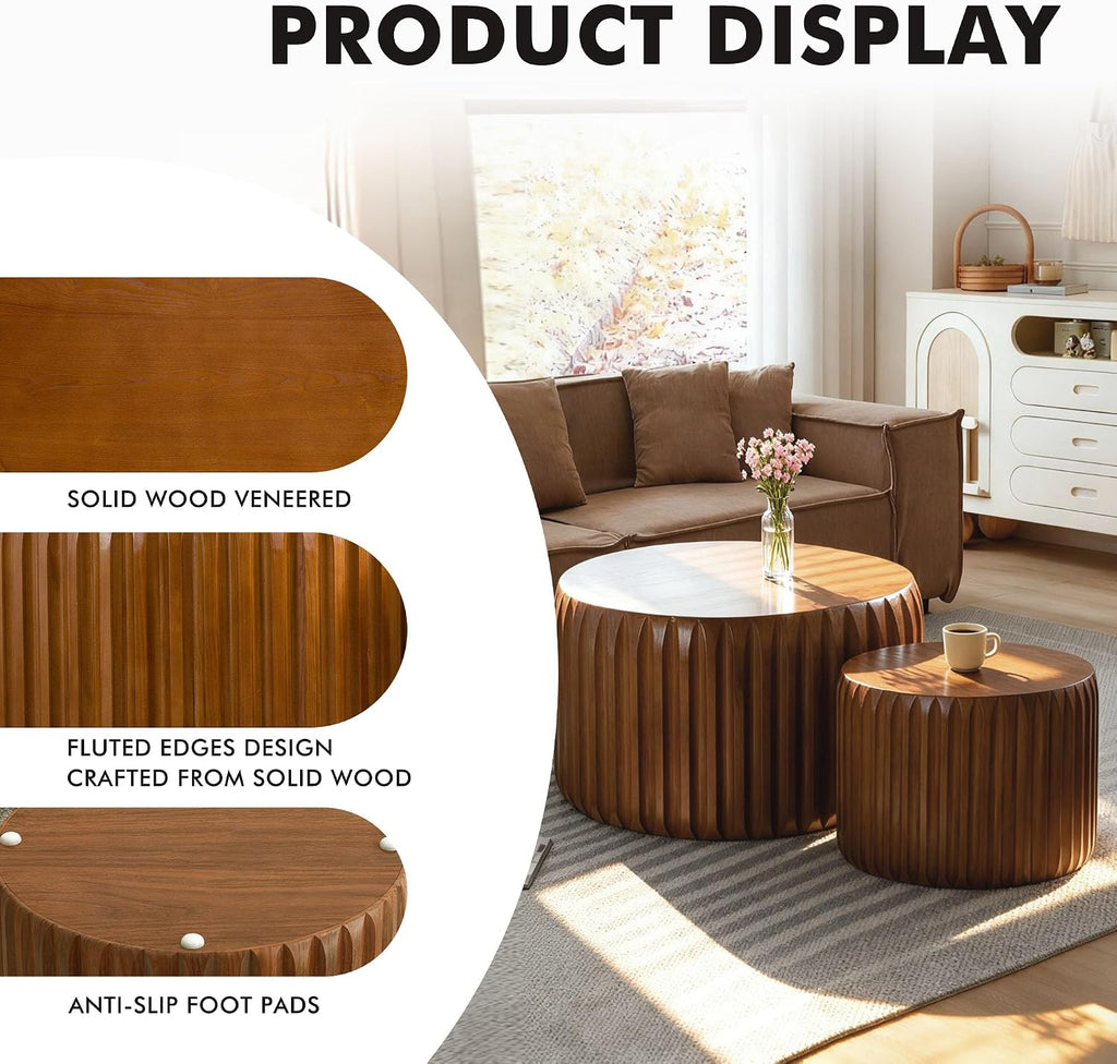 Round Nesting Coffee Table Set of 2, Mid Century Modern Wood Fluted Coffee Table, Drum Circle Coffee Tables for Living Room, No-Assembly Center Table End Side Table for Home, Office