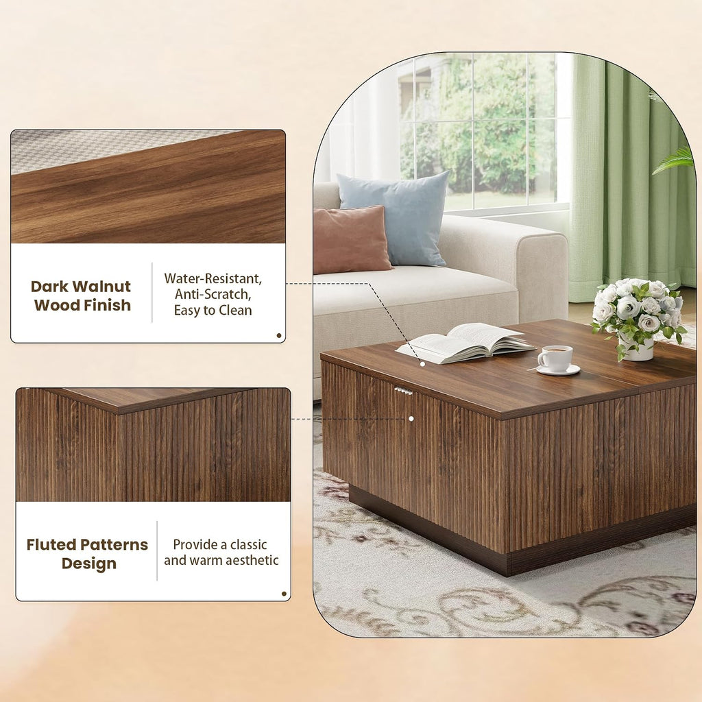 Epecoya Lift Top Coffee Table, Farmhouse Square Fluted Center Table, 31' Modern Wooden Tea Table with Hidden Storage for Living Room, Apartment, Small Spaces, Brown Walnut