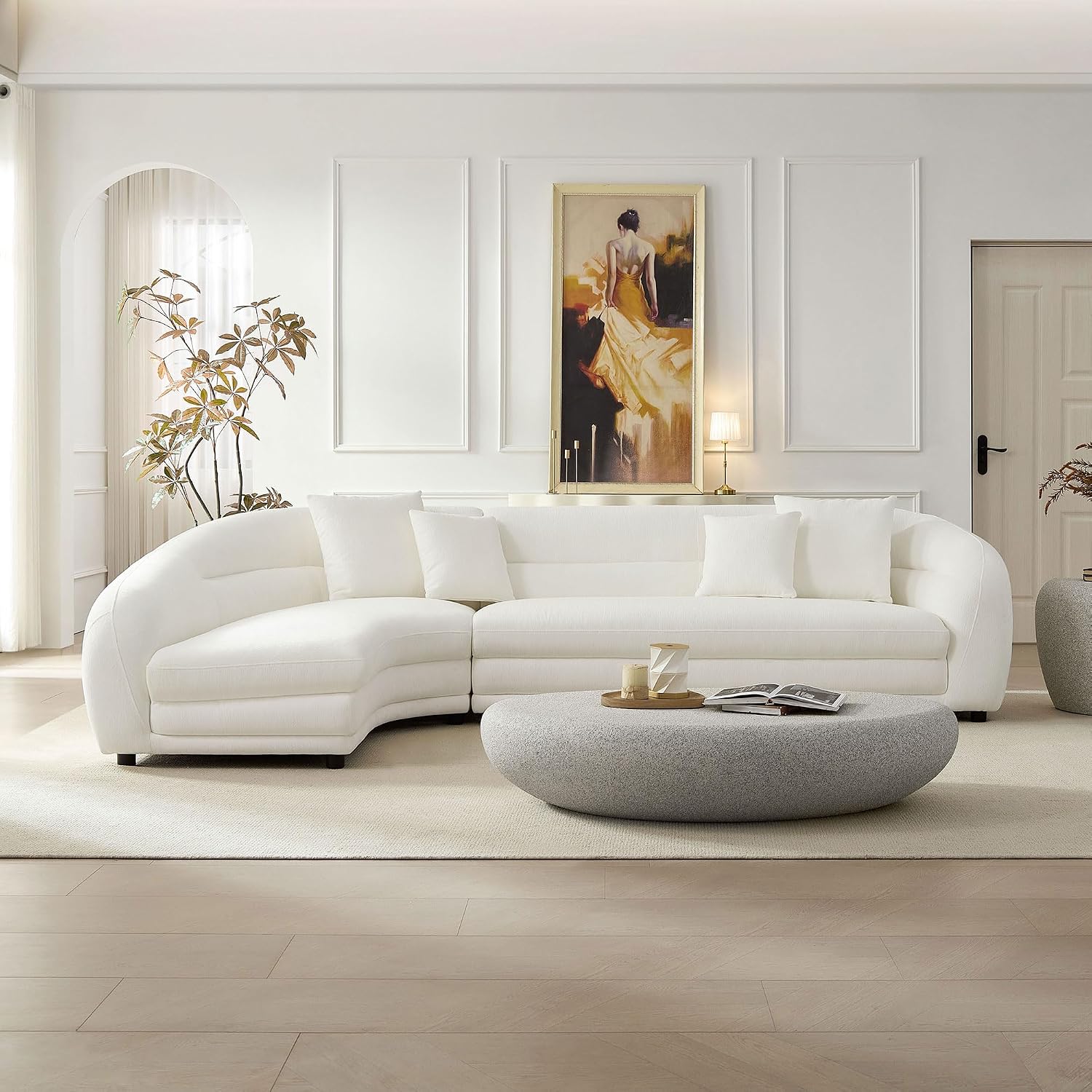 WILLIAMSPACE 55.12' Oval Faux Stone Coffee Table with Grainy Rocks, Modern Irregular Travertine Center Table, Accent Fiberglass Drum Side Coffee Table for Living Room, No Need Assembly - Rock Grey