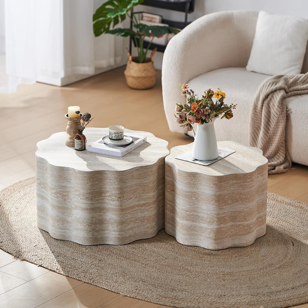 JUSTONE Set of 2 Round Coffee Tables for Living Room,Modern Fiberglass Cream Style Coffee Table Minimalist Side Tables for Apartment,Office,Matte White