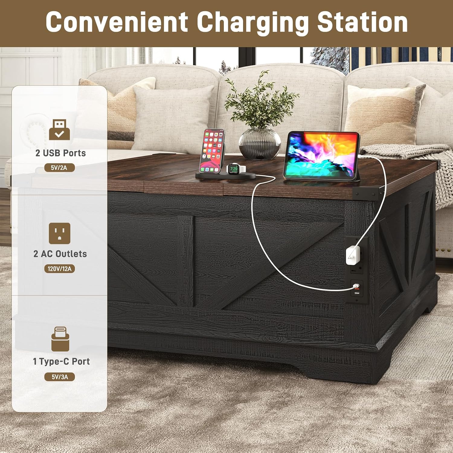 Hlivelood 40' Large Farmhouse Lift Top Coffee Table with Power Outlets and Large Hidden Storage, Square Wood Living Room Tables, Multi-Function Lift Wooden Barn Door Center Table, Black