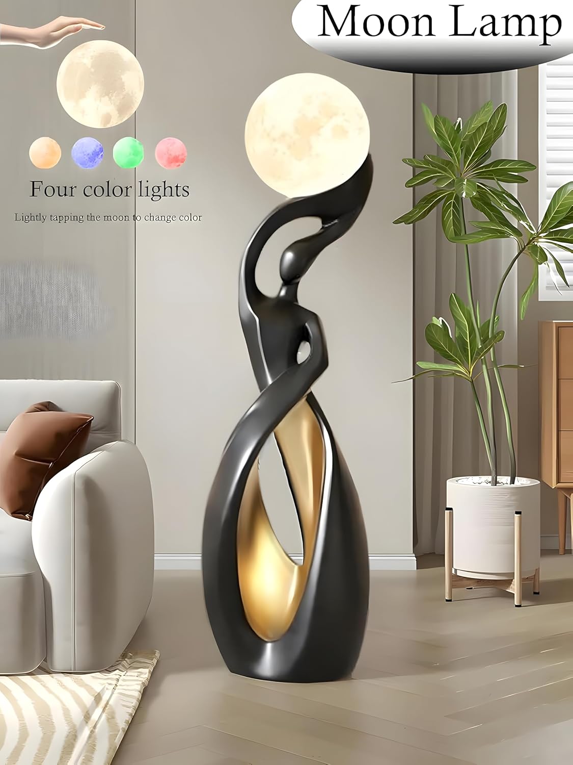 Modern Black and Gold Floor Lamp,Art Unique Corner Standing Light | Decorative Rechargeable Moon Tall Lamp Or Resin Creative Stylish Decor Lamps for LivingRoom,BedRoom