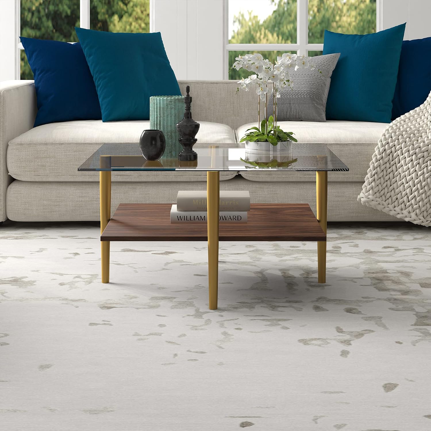 Otto 32' Wide Square Coffee Table with Faux Walnut Shelf in Brass
