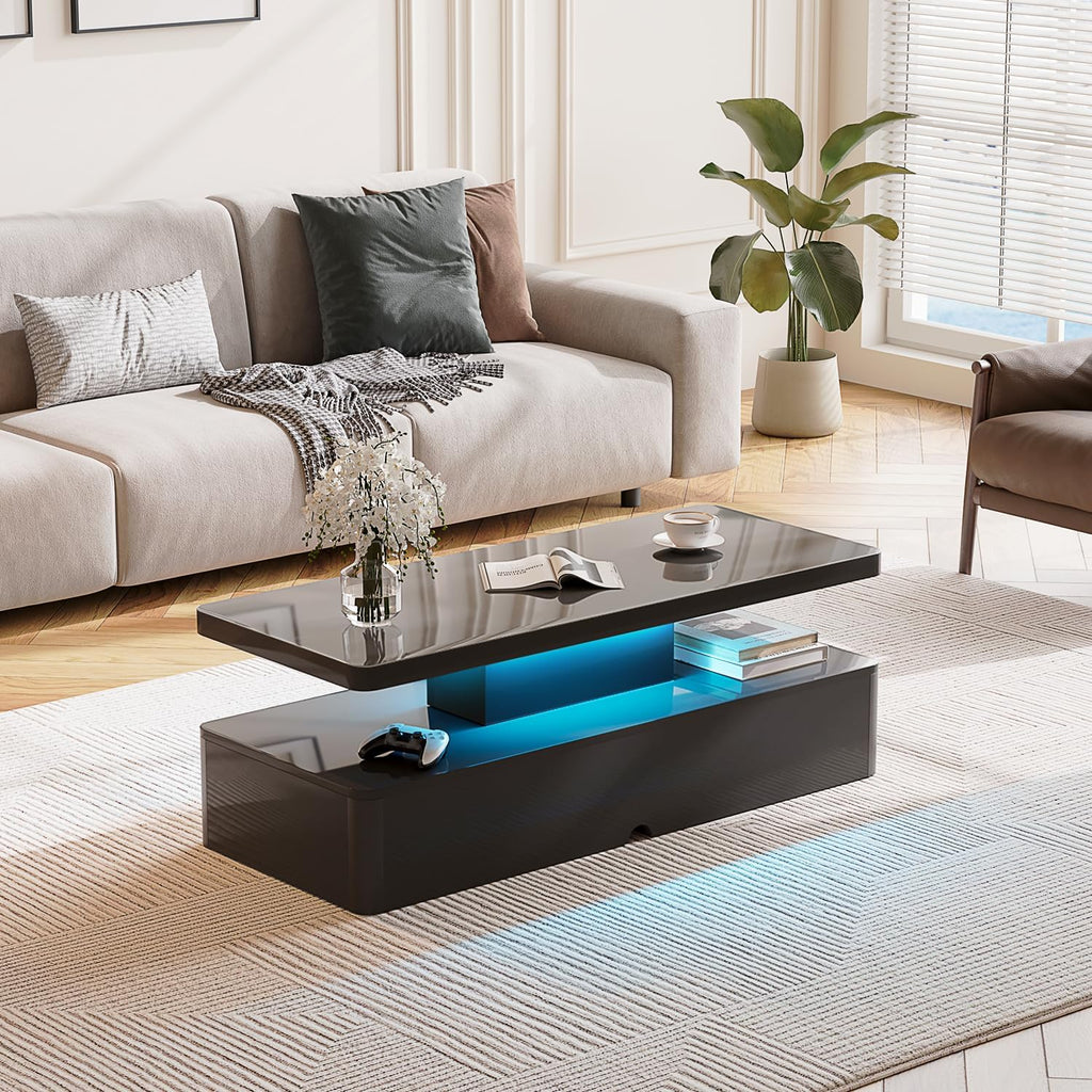 40' Modern Living Room Tables, LED Coffee Table with LED Lights, 2 Tier Rectangular Center Table with Large Storage, High Glossy Surface, Tea Table for Living Room, Black