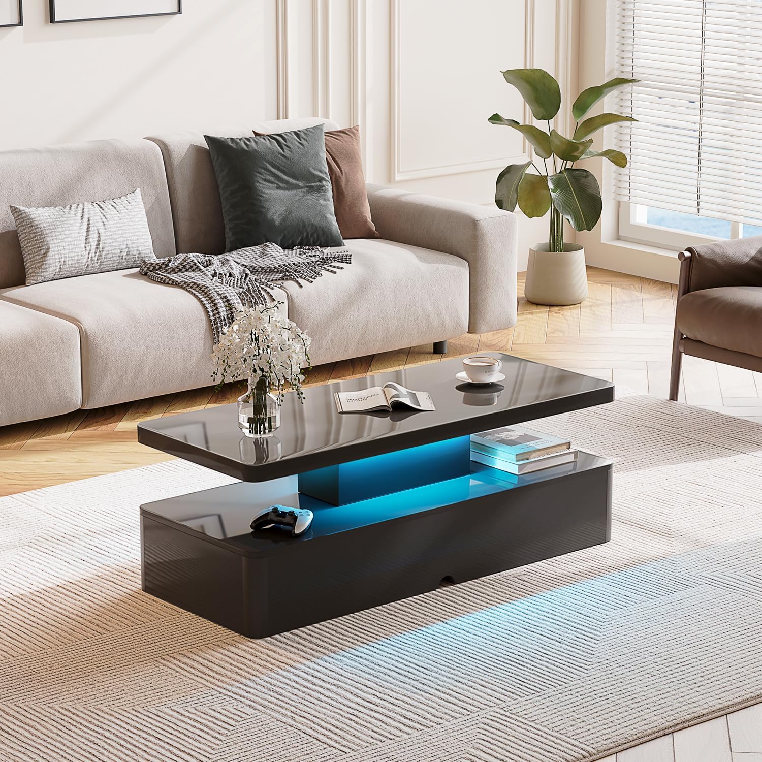 40' Modern Living Room Tables, LED Coffee Table with LED Lights, 2 Tier Rectangular Center Table with Large Storage, High Glossy Surface, Tea Table for Living Room, Black