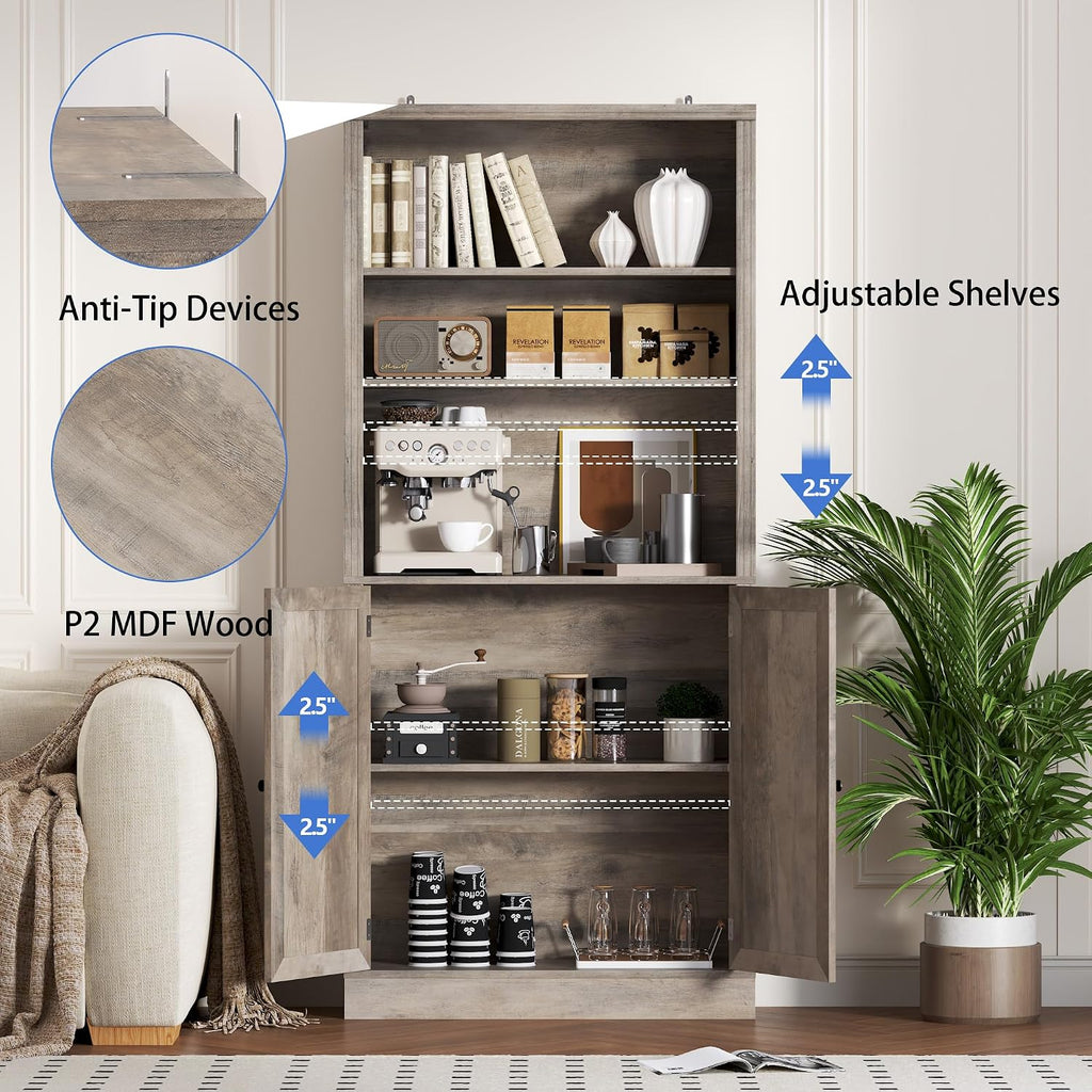 BORNOON 70.1' Tall Bookshelf with Cabinet, 5-Tier Floor Standing Bookcase with Doors & Adjustable Shelves, 31.5' Wide Storage Shelf, Metal Handles, Modern Organizer for Home Office, Living Room