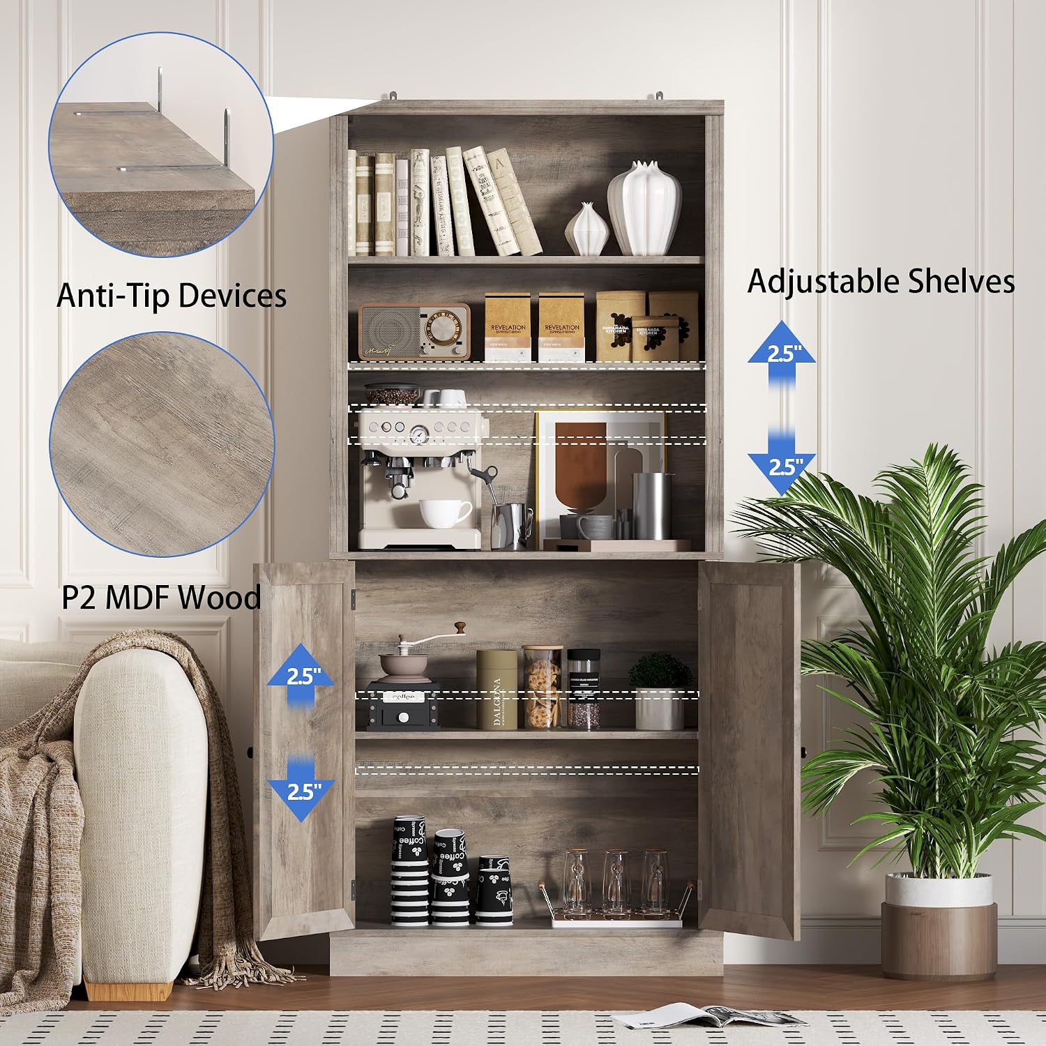BORNOON 70.1' Tall Bookshelf with Cabinet, 5-Tier Floor Standing Bookcase with Doors & Adjustable Shelves, 31.5' Wide Storage Shelf, Metal Handles, Modern Organizer for Home Office, Living Room