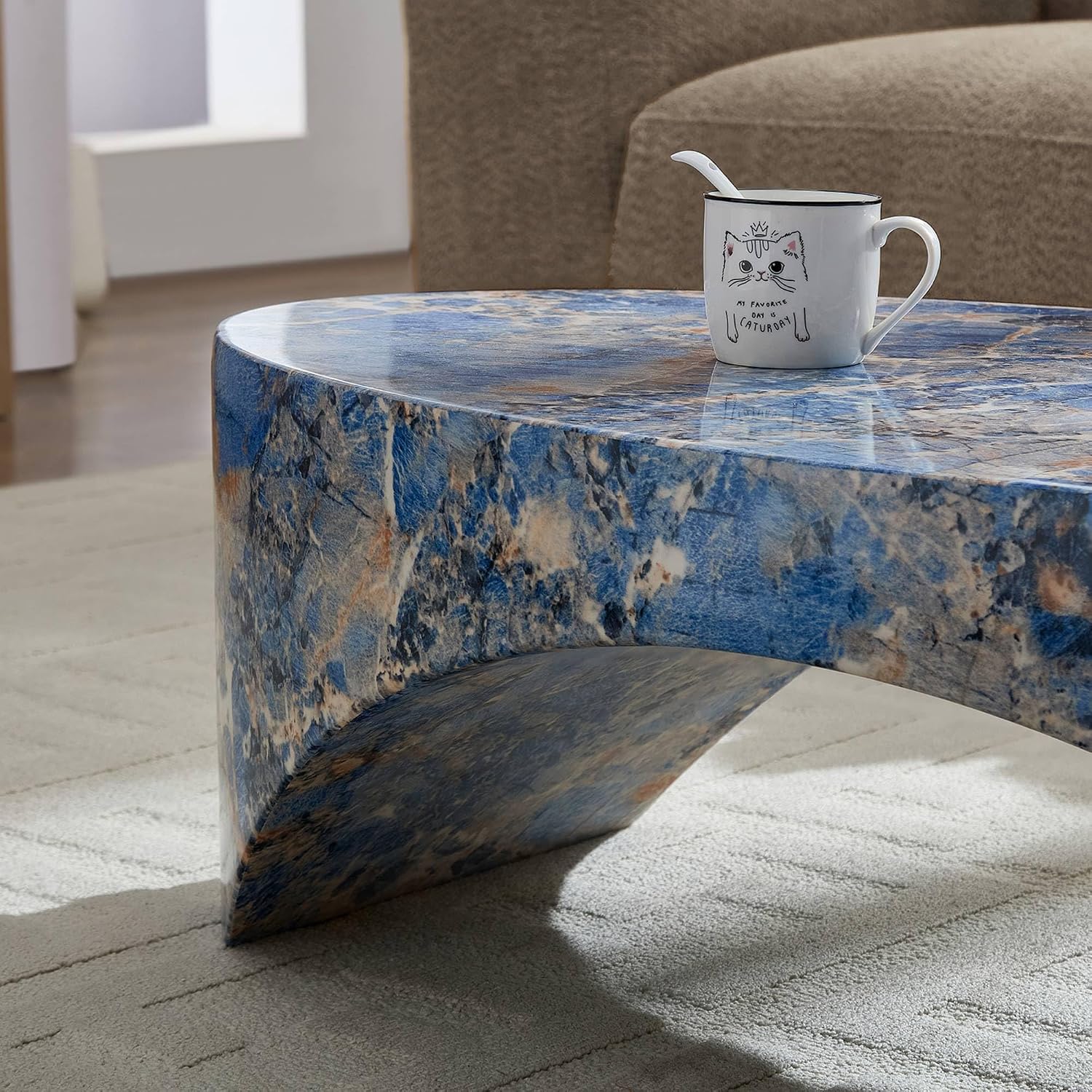 Oval Coffee Tables for Living Room, Faux Mars Pattern Pedestal CoffeeTables Mid Century Modern Minimalist Cave Tables Travertine Stone Pattern Accent End Table for Apartment, Office Fibgerglass Blue
