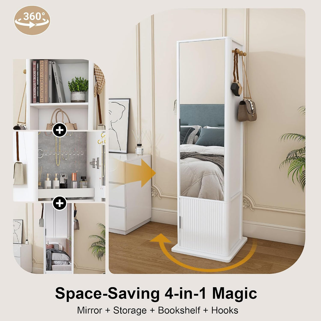 360 Rotating Jewelry Armoire with Full Length Mirror, Freestanding Vanity Organizer, 4 Tier Bookshelf, Hidden Cosmetic Cabinet, Side Hooks, Bedroom Entryway Space Saving Display Tower (White)