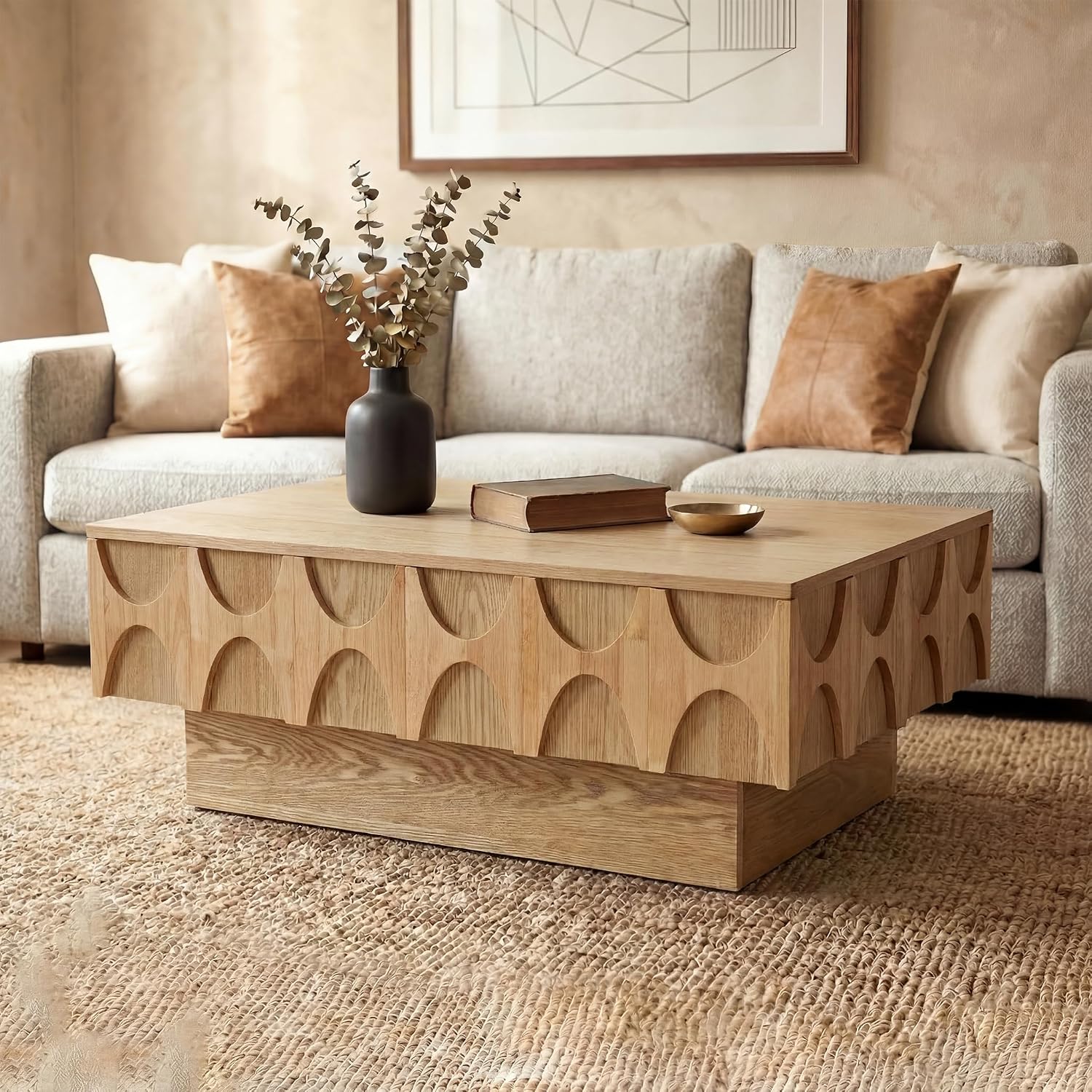 Solid Wood Veneer Coffee Table with Storage & Sliding Top, 38.6' Modern Mid Century Rectangle Center Table for Living Room, Home Office, Natural