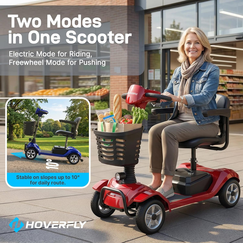 Hoverfly T4 Mobility Scooter for Seniors, Max 12.4-Mile Range & 3.7 mph, 3-Position Seat & Anti-slip Rear Wheel, Removed Battery&Quick Fold Design, Solid 9' Tire &330 lb Capacity, Ease of Assembly Red