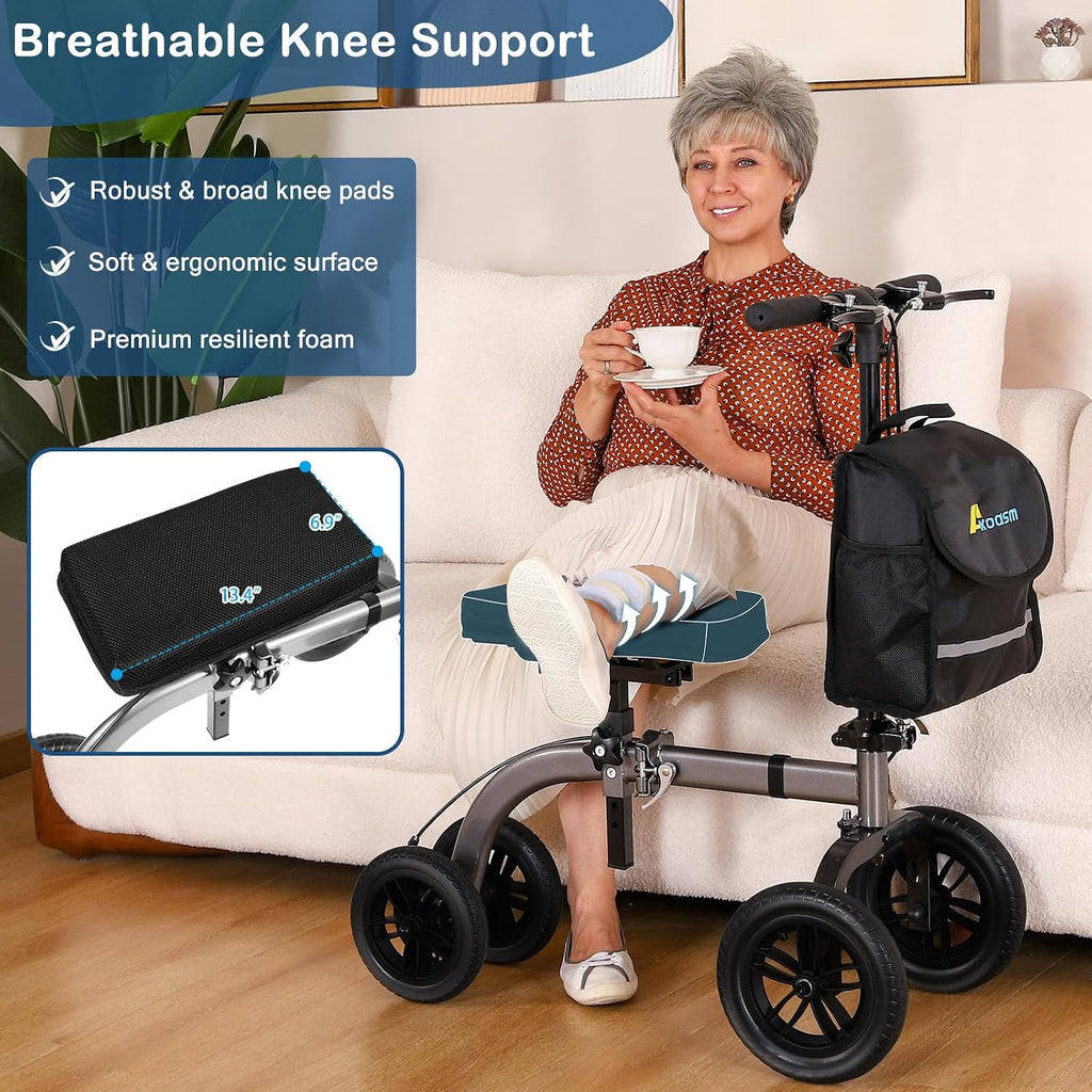 Foldable All Terrain Knee Scooter for Adults Foot Surgery Adjustable Height | 300lb Capacity, 21lb Lightweight, 10' Front & 8' Rear Wheel, Dual Brake, for Foot Injuries Compact Crutch Alternative, Grey