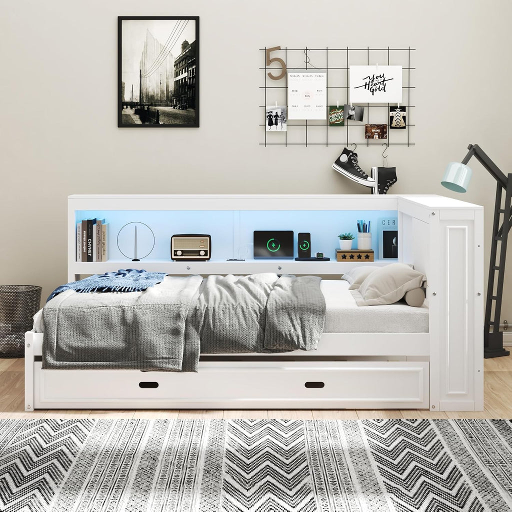 LUMISOL Full Size Corner Bed with Storage Shelves & Trundle, Wooden L-Shaped Day Bed Frame with Charging Station & LED Lighting for Living Room or Guestroom, White