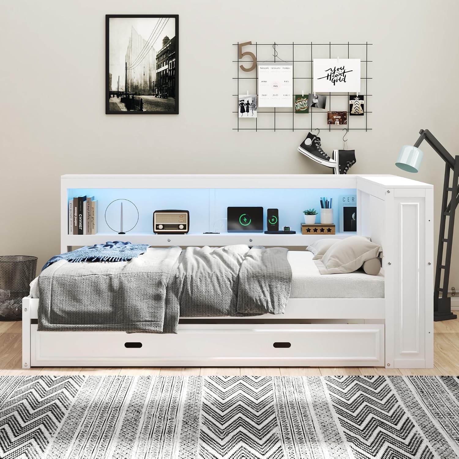 LUMISOL Full Size Corner Bed with Storage Shelves & Trundle, Wooden L-Shaped Day Bed Frame with Charging Station & LED Lighting for Living Room or Guestroom, White
