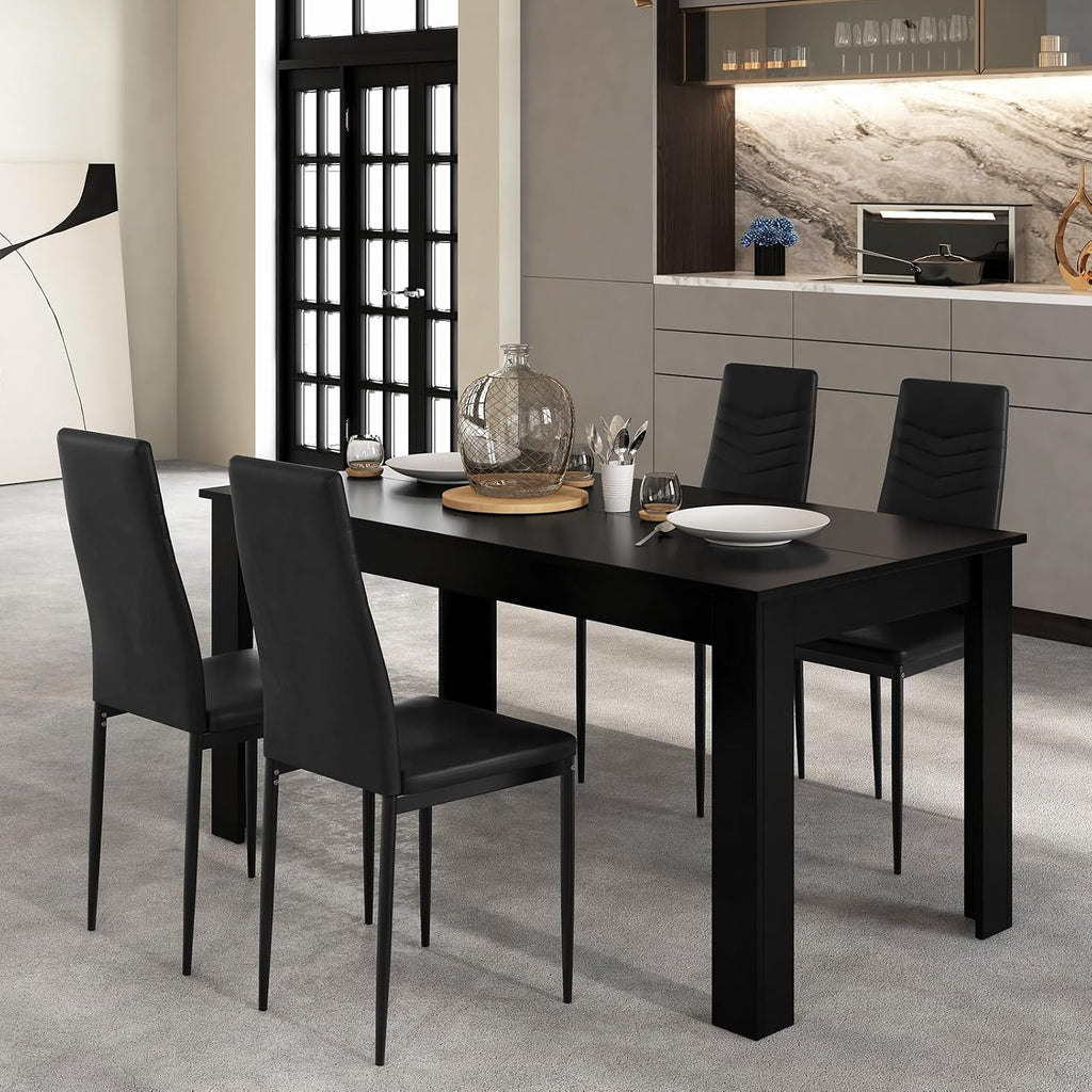 Giantex Dining Table Set for 4-6, Modern Rectangular Kitchen Table with 4 PVC Leather Dining Chairs, 330Lbs Space-Saving Dinette Set for Breakfast Nook, Kitchen, Restaurant, Cafe, Black (5-Pieces)