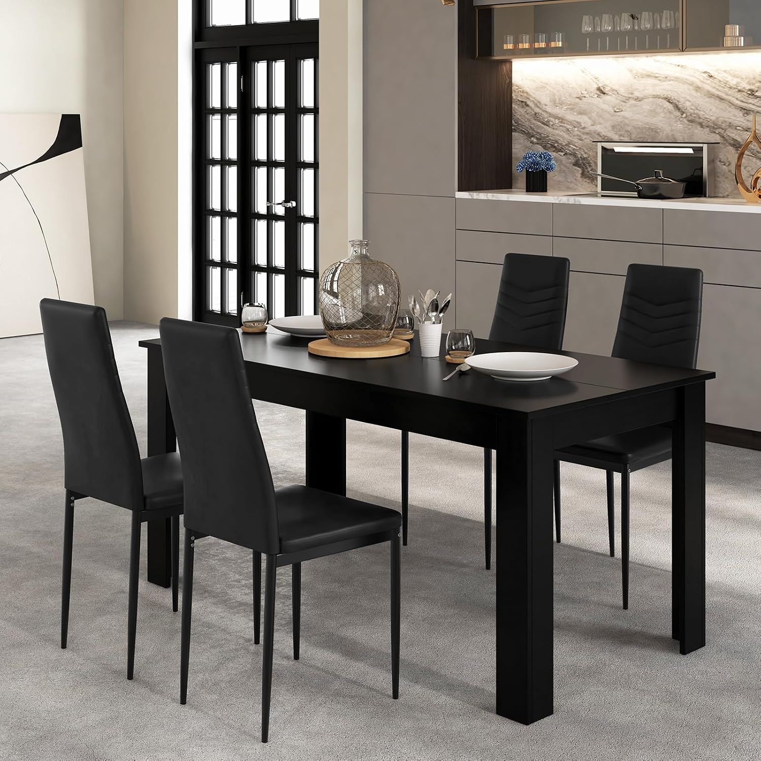 Giantex Dining Table Set for 4-6, Modern Rectangular Kitchen Table with 4 PVC Leather Dining Chairs, 330Lbs Space-Saving Dinette Set for Breakfast Nook, Kitchen, Restaurant, Cafe, Black (5-Pieces)