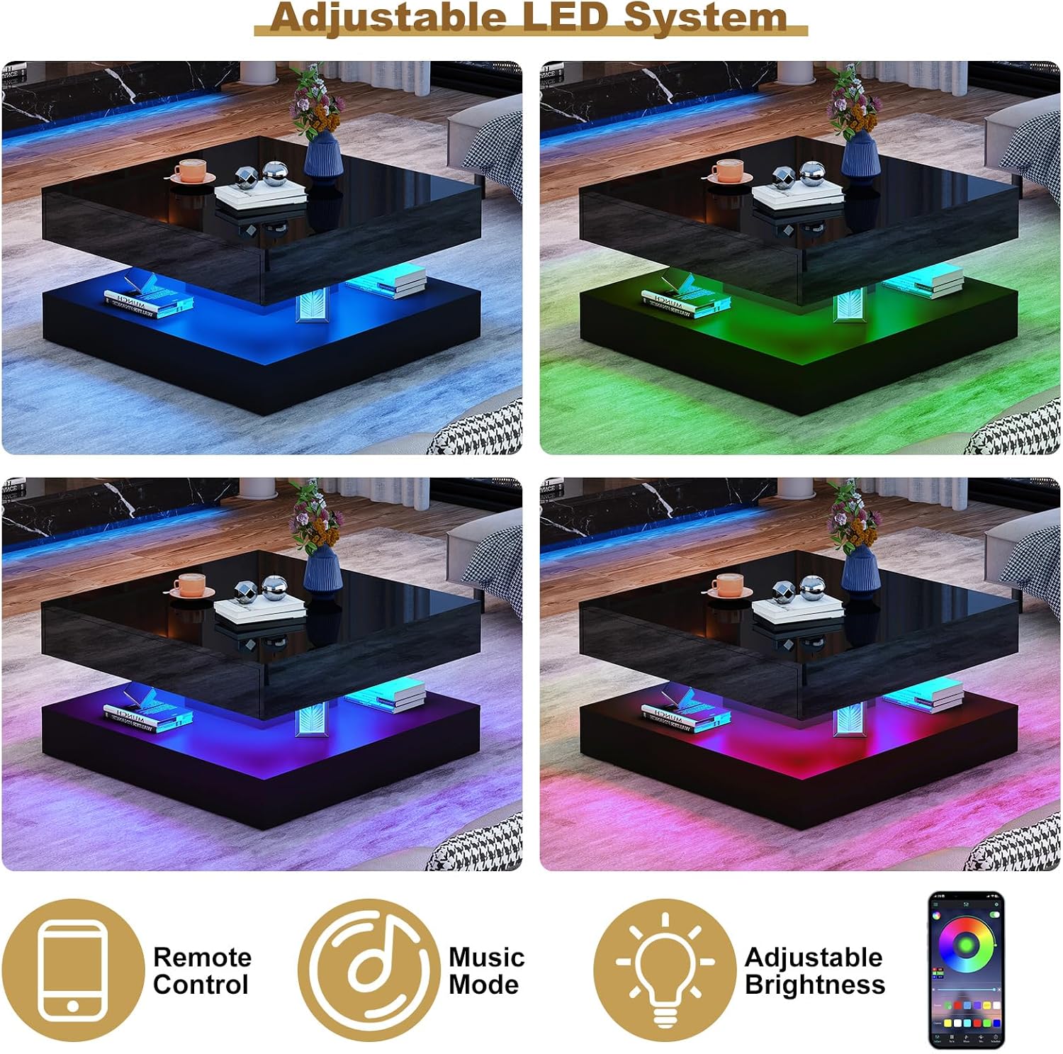 jiteentarou 33.9' LED Coffee Table with Storage, Modern High Glossy Living Room Table w/2 Drawers,Double-Layer Design Large Square Center Table for Living Room, Home, Office, Black