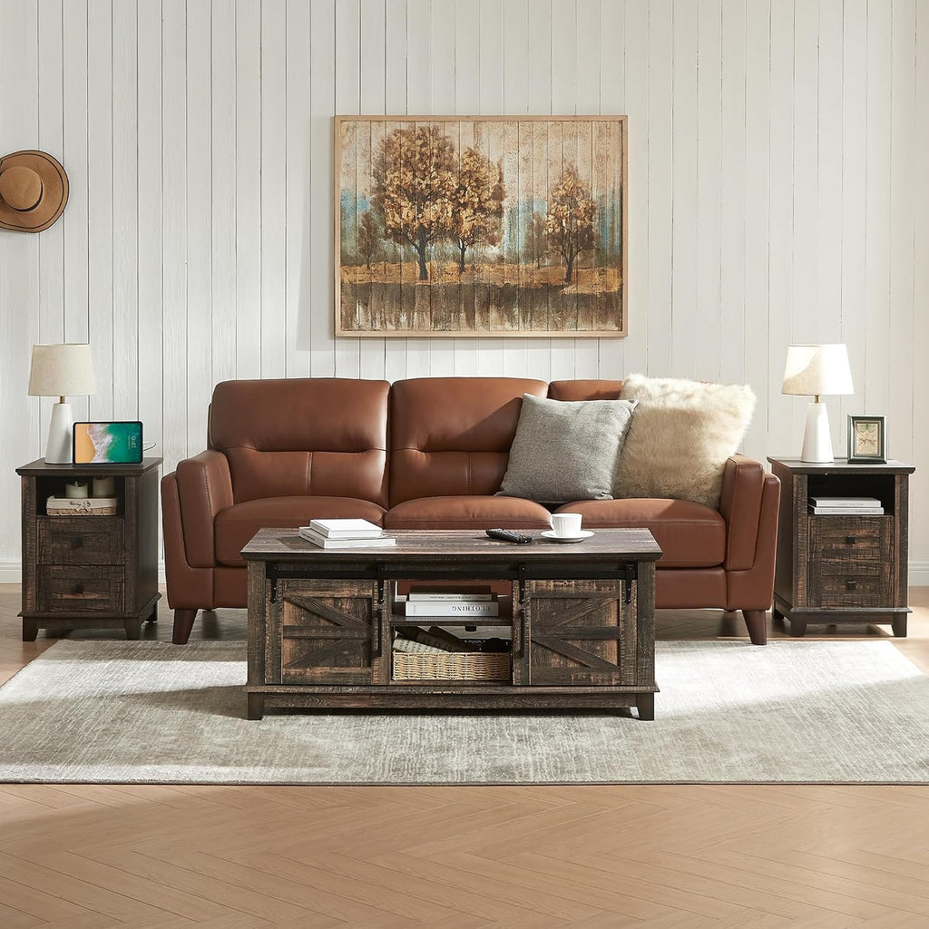 AMERLIFE 3-Piece Farmhouse Living Room Table Set - Coffee Table with Sliding Barn Doors & End Table Set of 2 with Charging Station and Storage Drawers, Oak Black