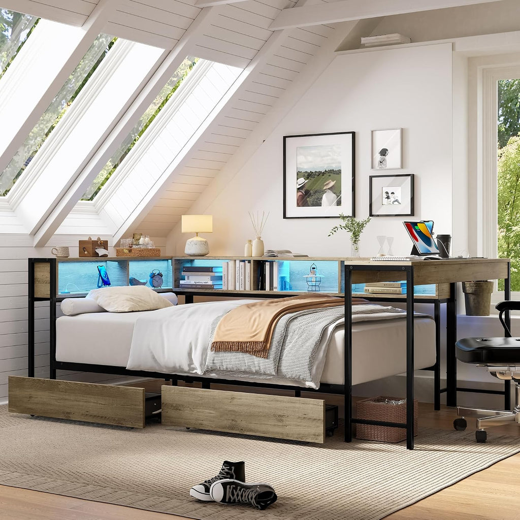 GDFStudio Twin Size Bed Frame with 2 Storage Drawers, Corner Platform Twin Bed with Desk and Bookcase Shelves, LED Light and Charging Station, Metal and Wood Twin Bed Frame, No Box Spring Needed, Grey