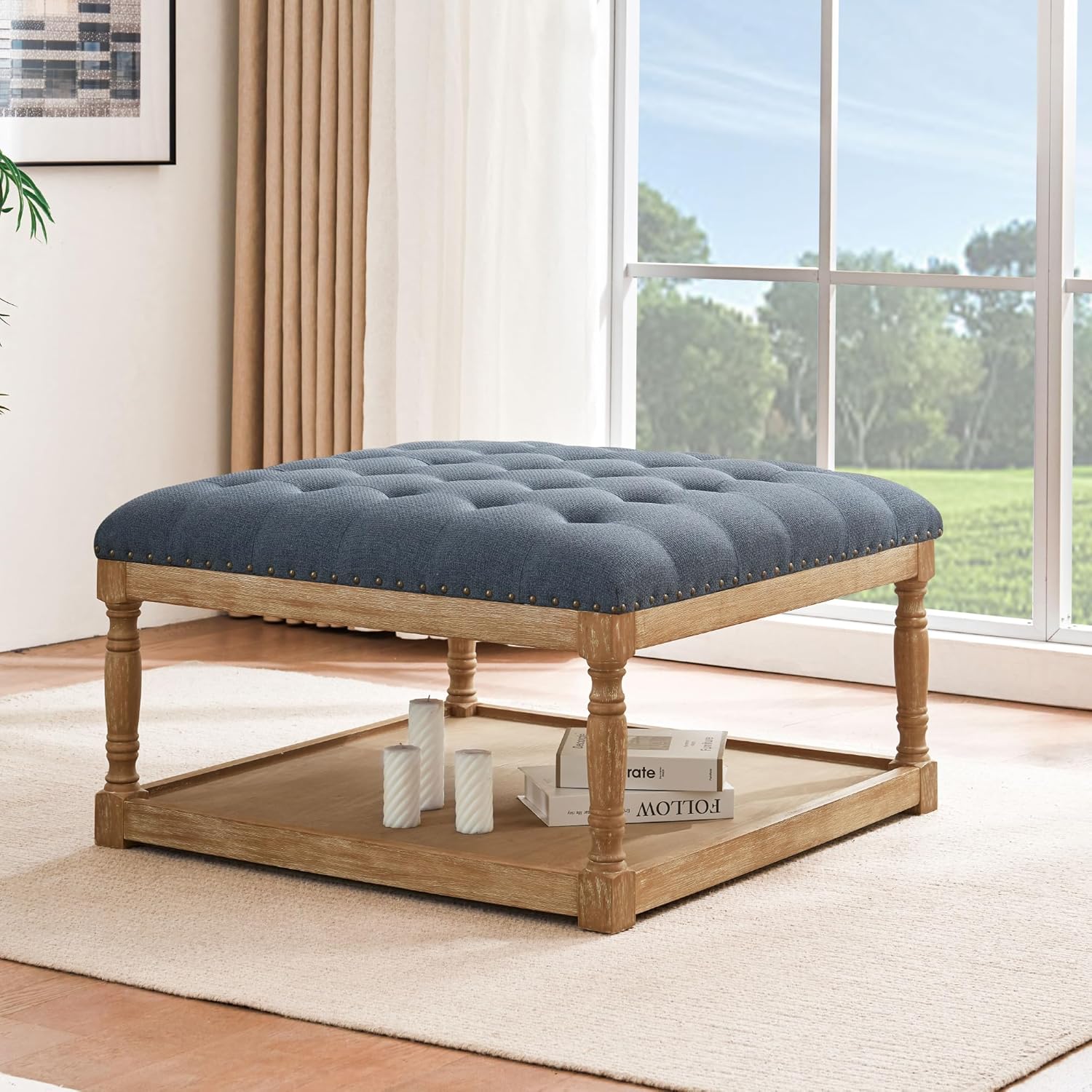 HUIMO 33-inch Large Square Ottoman Coffee Tables for Living Room, Tufted Upholstered Linen Ottoman with Storage Shelf and Solid Legs for Office Bedroom Farmhouse (Navy Blue)