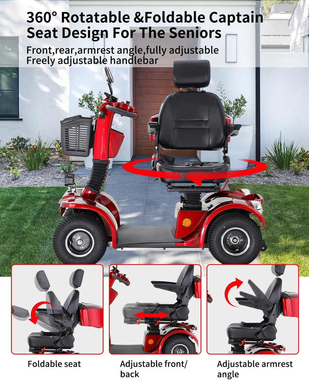 All Terrain Mobility Scooter for Seniors,Heavy-Duty 4 Wheel Mobility Scooters Mobility Scooter,Handicap Scooters for Adults with 3-Speed Travel Long (Red)