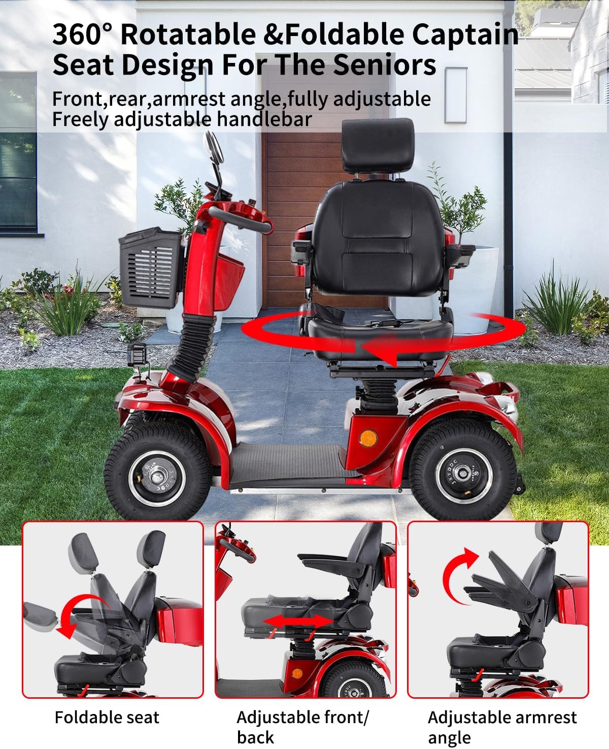 All Terrain Mobility Scooter for Seniors,Heavy-Duty 4 Wheel Mobility Scooters Mobility Scooter,Handicap Scooters for Adults with 3-Speed Travel Long (Red)