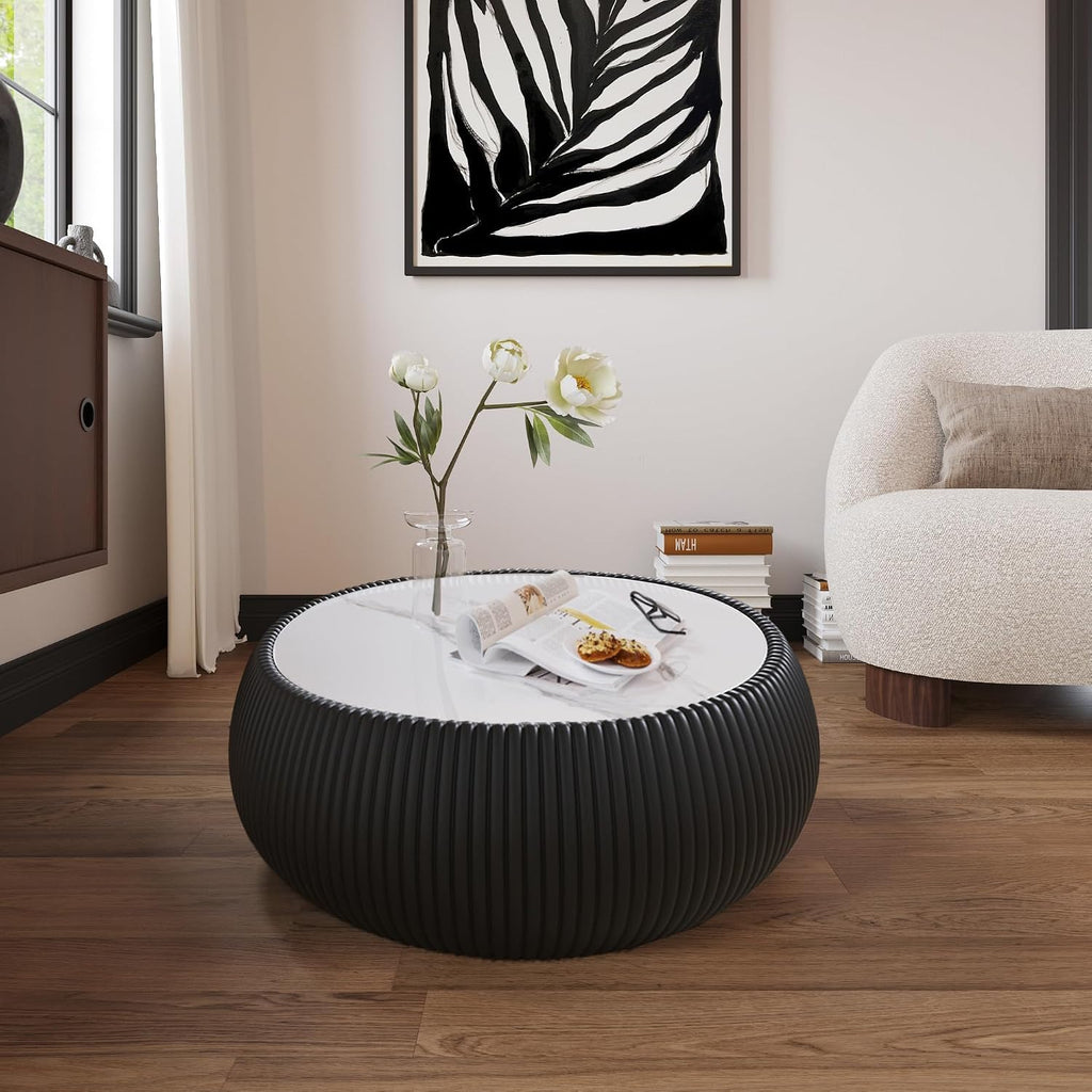 Black Round Coffee Table with Sintered Stone Tabletop, 27.55' Drum Coffee Table with Fluted PU Leather Covered and Stable Base, Circle Cocktail Tea Table for Living Room