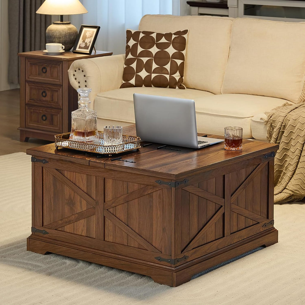 Joaxswe Farmhouse Coffee Table with Large Hidden Storage Compartment, Brown Retro Square Center Table, Wood Rustic Low Modern Living Room Tables with Hinged Lift Brown Top & Wooden Arc Base