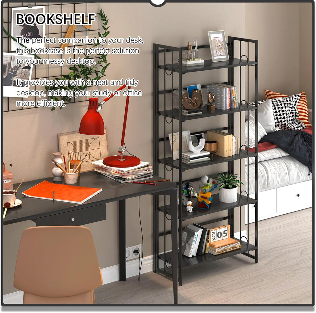 4NM No Assembly 5 Tiers Folding Bookshelf, 59.4' H Foldable Storage Shelves Vintage Bookcase Standing Racks Study Organizer Home Office - All Black