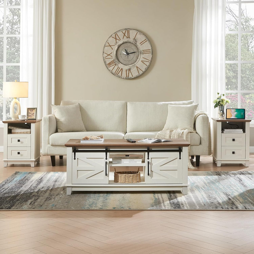AMERLIFE 3-Piece Farmhouse Living Room Table Set - Coffee Table with Sliding Barn Doors & End Table Set of 2 with Charging Station and Storage Drawers, Rustic White