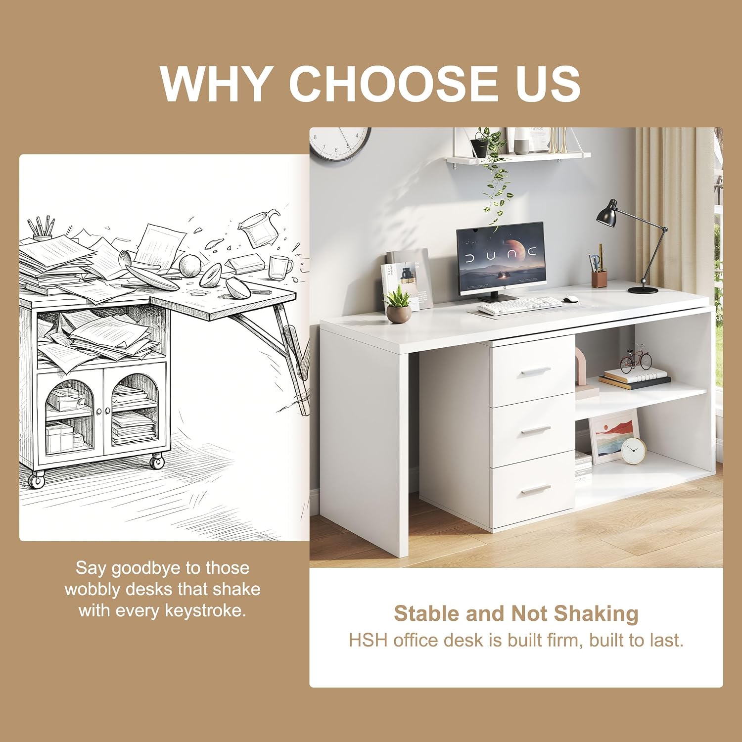 HSH L Shaped Office Desk with Drawers Shelves 55-76 Inch, Corner Computer Desk with Storage 360 Rotating Long for Work, Executive, Study, Writing, Teacher, Bedroom Modern Gaming Table White