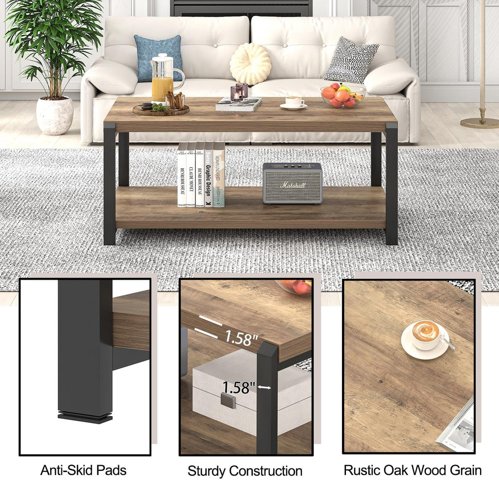 EXCEFUR Modern Coffee Table, Rustic Wood and Metal Center Table for Living Room, Industrial Rectangle Cocktail Tea Table with Storage, Oak