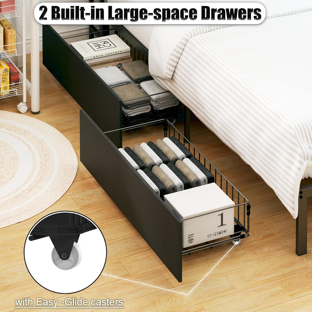 Ball & Cast Full Size Daybed with Bookcase Storage and Charging Station,Corner Bed Frame W/Storage Drawers,Full Metal Daybed W/LED Lights,Bedroom Furniture for Apartment,Guest Room,Living Room,Black