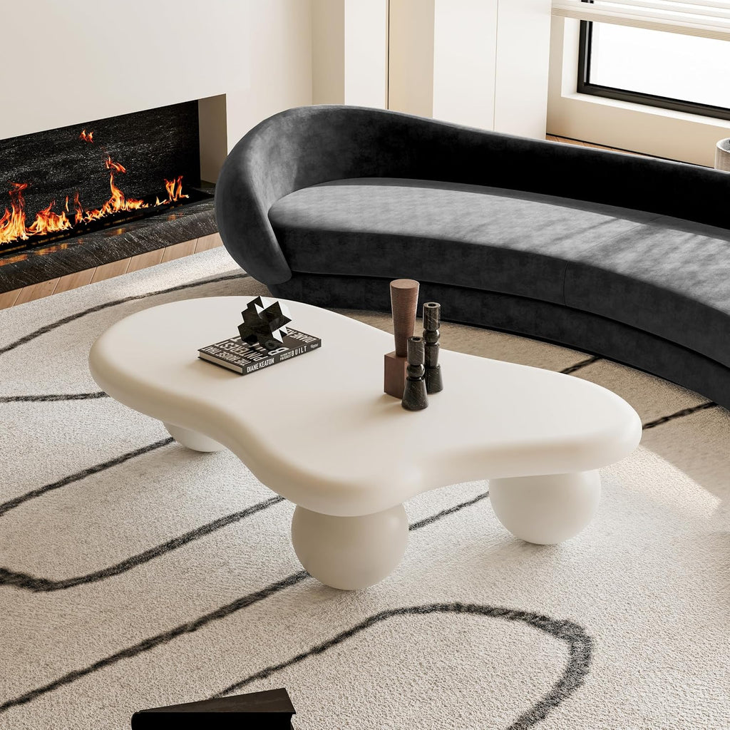 47.2' Cloud Coffee Table for Living Room Irregular Coffee Table Modern Low Coffee Tables Unique Center Table with 3 Ball Legs for Small Space Apartment Cream White