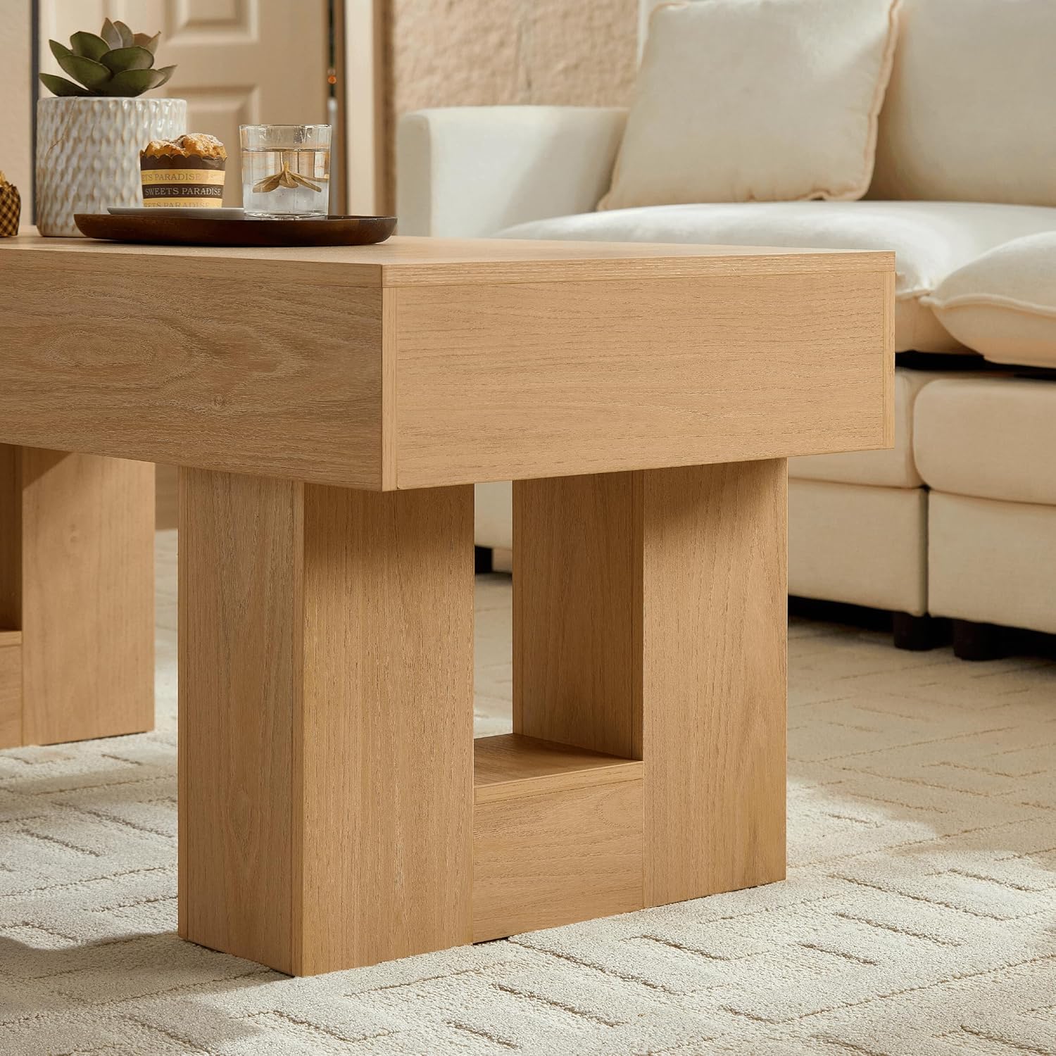 OKYCI Modern Coffee Table for Living Room, Wood Living Room Table with Sturdy Wooden Legs, Easy Assembly, 47' W x 19' D, Natural Oak
