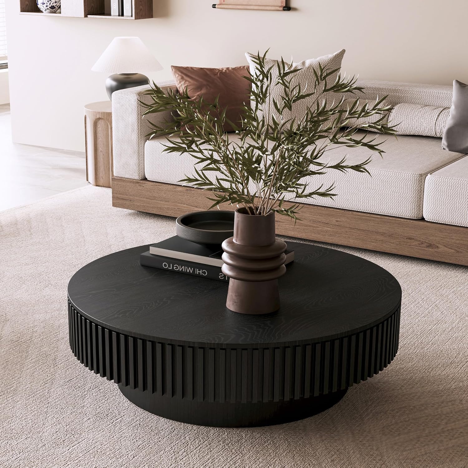 Round Coffee Table with Storage, Mid-Century Modern Solid Wood Center Table for Living Room, Large Circle Wooden Accent Table (39.37''L × 39.37''W × 13.78''H, Black)