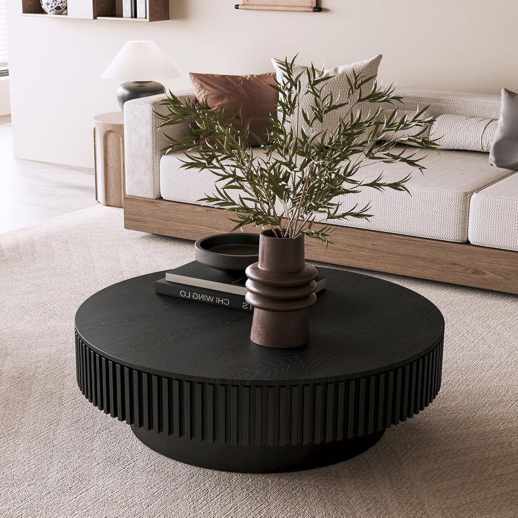 39.37'' Black Round Coffee Table Modern Wood Circle Fluted Drum Pedestal Coffee Table with Storage Space for Living Room, Easy Assembly, Black