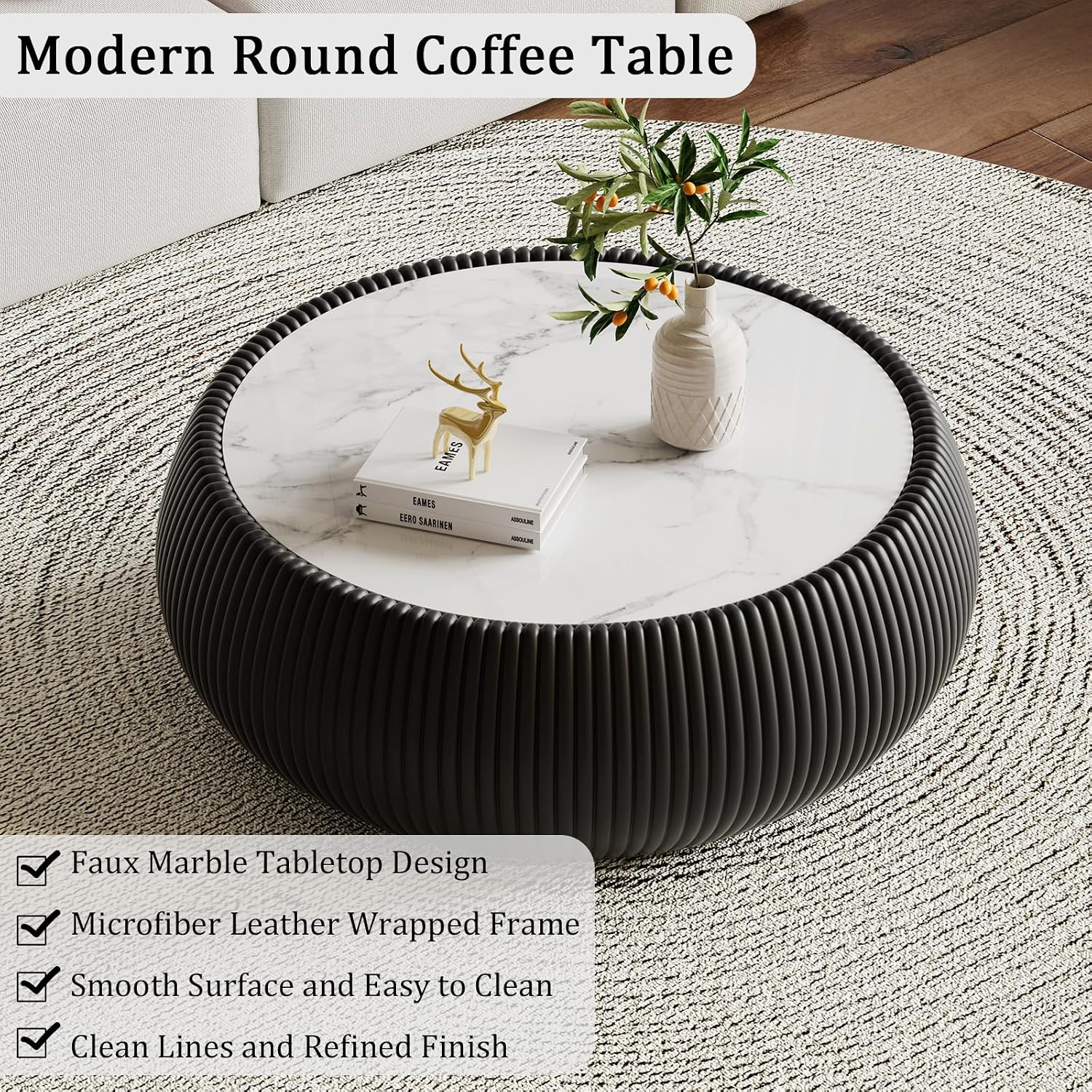 Black Round Coffee Table with Sintered Stone Tabletop, 27.55' Drum Coffee Table with Fluted PU Leather Covered and Stable Base, Circle Cocktail Tea Table for Living Room