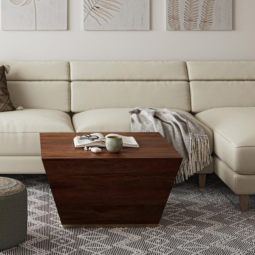 SIMPLIHOME Abba Square Coffee Table - 28 inch Wide Solid Mango Wood Modern Cocktail Table in Cognac Brown, Contemporary Table for Living Room with Low Profile Block Design, Assembled