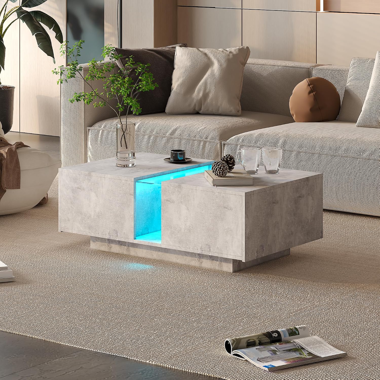 HedoAjim Grey Led Coffee Table for Living Room, Rectangular Living Room Table with Storage, Acrylic Coffee Tables with 2 Sliding Drawers, Wood Center Table for Reception Dinning Room