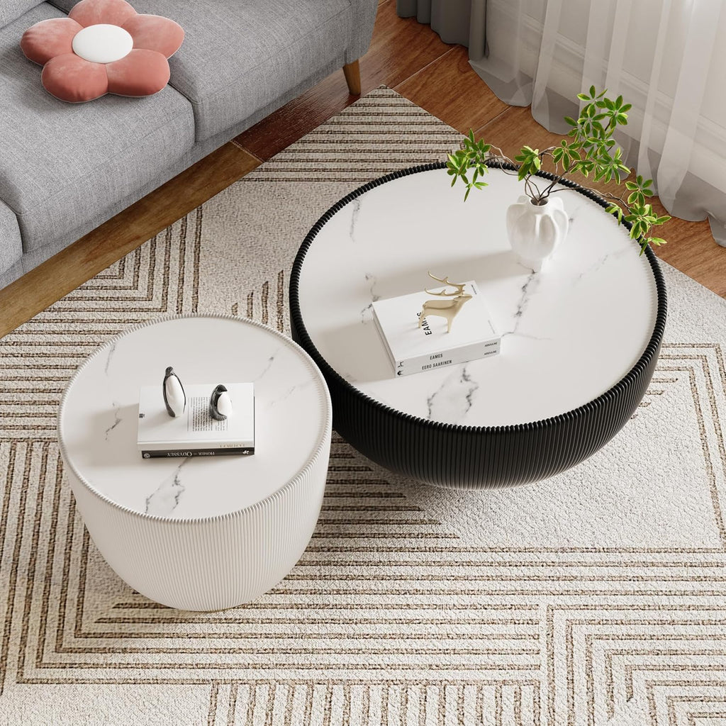 Round Coffee Table Set with Sintered Stone Tabletop, 27.56' Black Drum Center Table and 19.69' White Coffee Table Set, 2 Pieces Living Room Table Set with Fluted PU Leather Cover& Metal Base