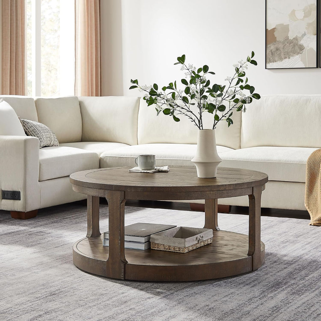 WILLIAMSPACE 40' Round Coffee Table with Wheels, Circle 2 Tier Solid Wood Center Coffee Table, Mid Century Retro Farmhouse Rounded End Table for Living Room Apartment, ø40 x 17.52' H (Dark Brown)
