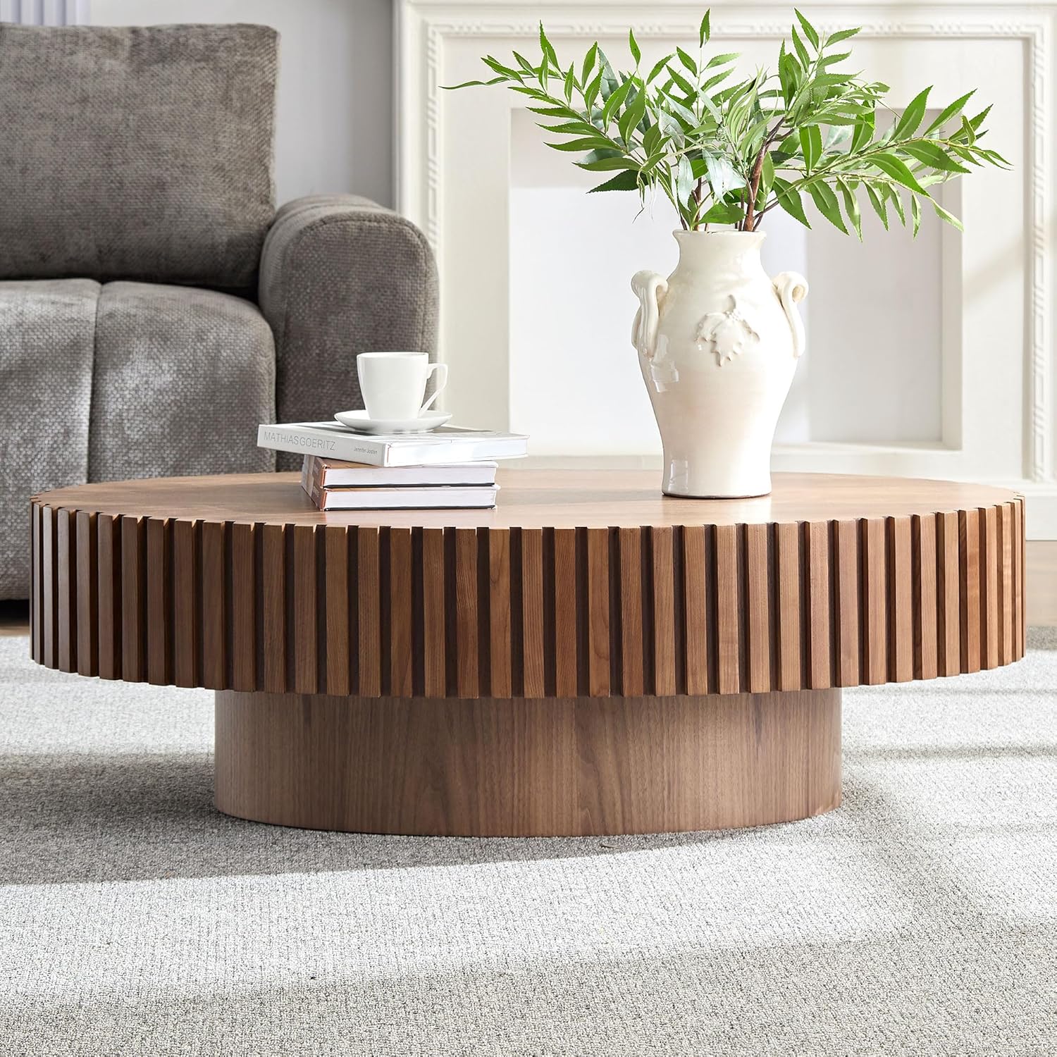 Walnut Oval Coffee Table - Modern Wood Coffee Table for Living Room, Contemporary Circle Fluted Drum Design, Easy Assembly (43.7'' x 24.8'' x 13.38'')